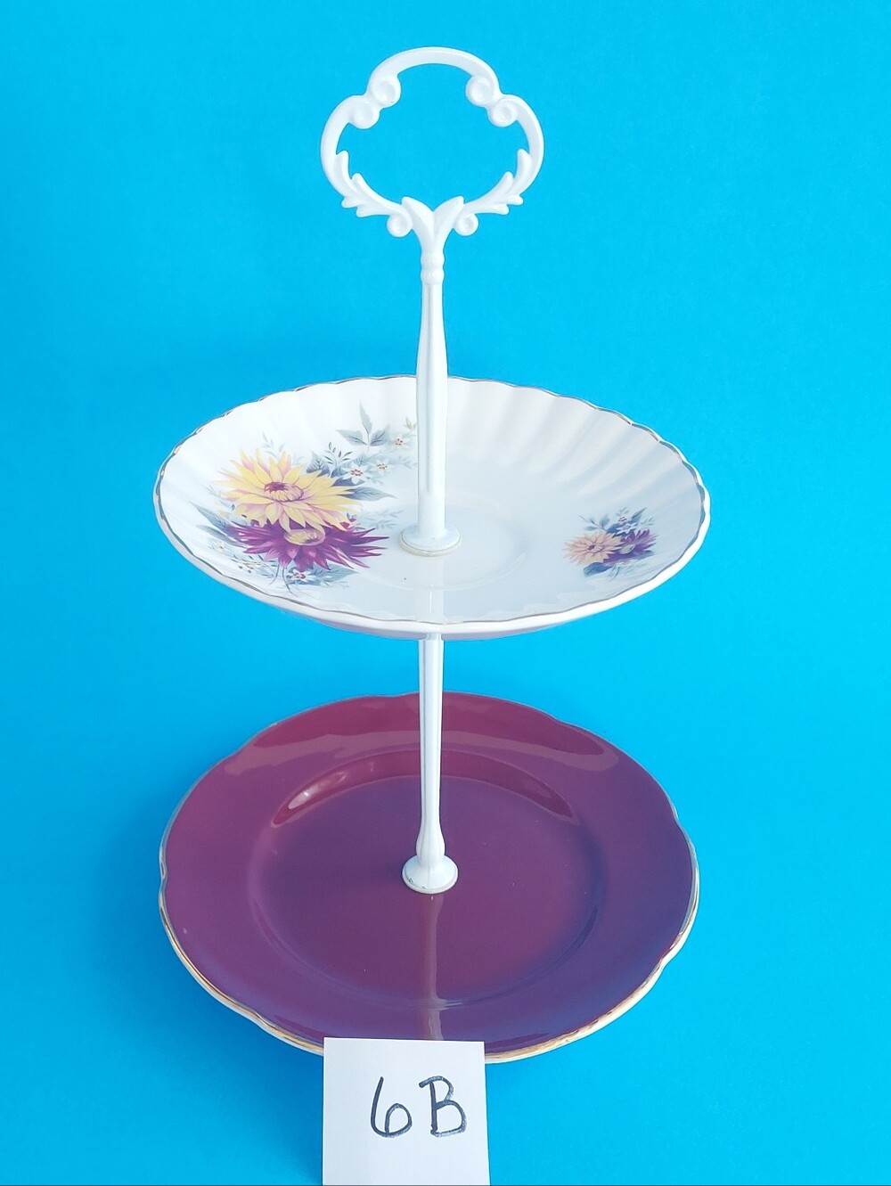 Mismatched 2-Tier Royal Stafford Floral & Spencer Stevenson Burgundy Cake Stand